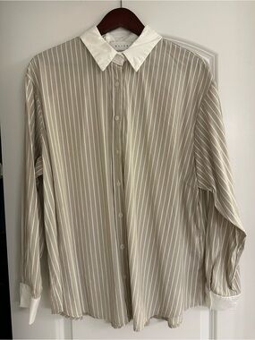 OLIVE CLOTHING Beige Stripe Button-Down Shirt with White Collar